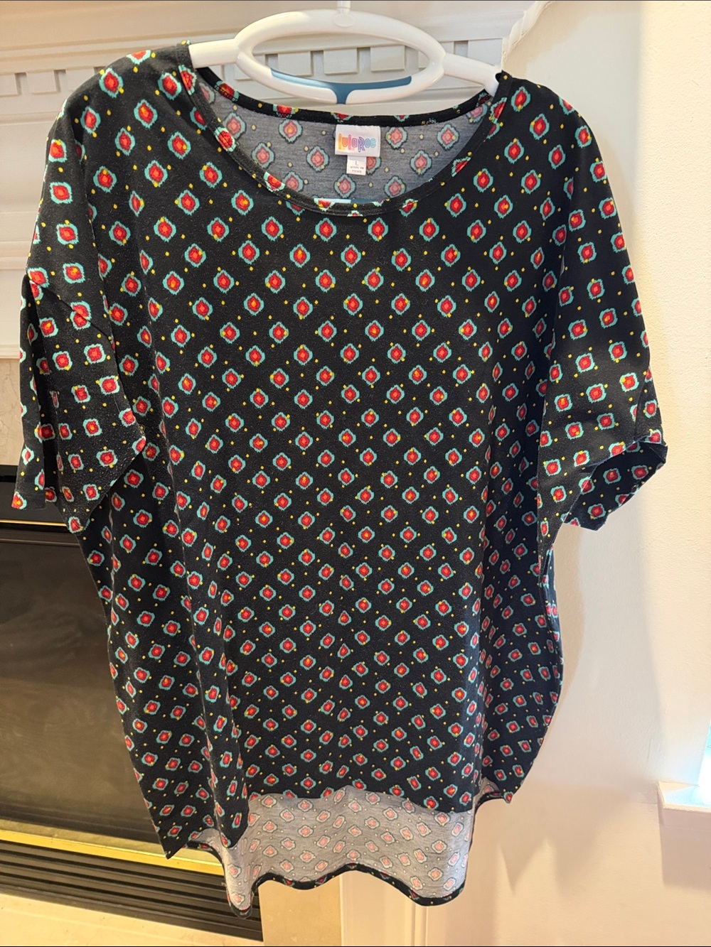 LuLaRoe Black Tunic with Red and Green Diamond Print